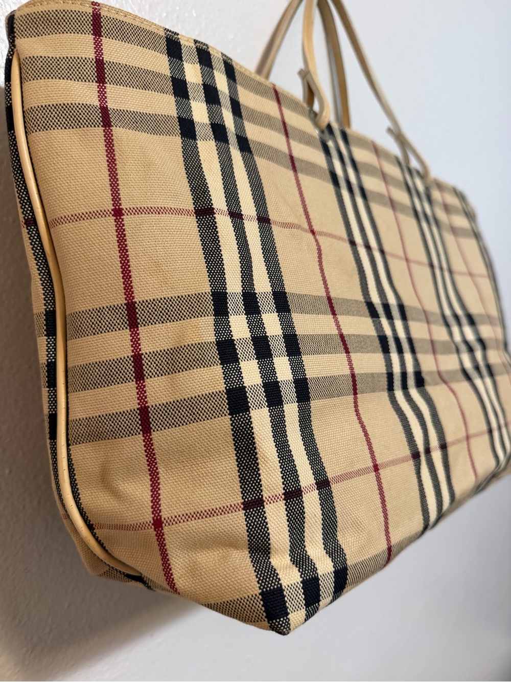 Burberry NOVA CHECK Plaid Canvas Tote with Tan Leather Trim Made in Italy - Picture 8 of 16